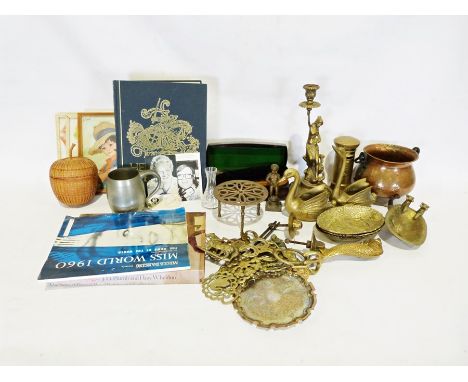 Two boxes of various china, glass and household items to include a copper jelly mould in the form of a fish, a brass candlest