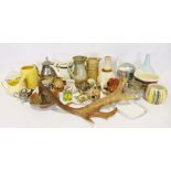 Box of assorted studio pottery china and cut glass items to include Wade and Royal Doulton, a blue