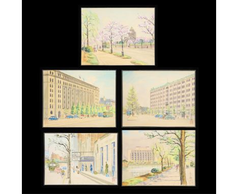 Group of five watercolor on paper paintings depicting city streets. All signed "T. Tokai" and dated ca. 1956 along the verso 