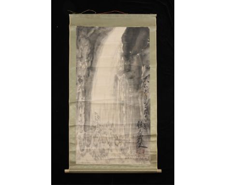 Japanese scroll painting depicting a roaring waterfall. Calligraphy in the lower right.Huaxin; height: 69 1/2 in x width: 37 