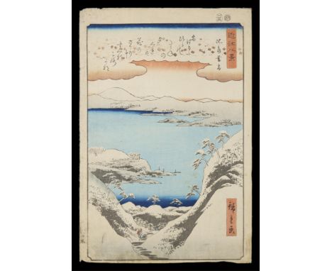 Utagawa Hiroshige (Japanese, 1797-1858). Woodblock print titled "Hira no bosetsu (Twilight snow at Mount Hira)," from the ser