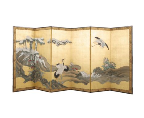 Japanese six-panel Kano school folding screen, likely Meiji era or earlier. Painted with three cranes next to a rushing river