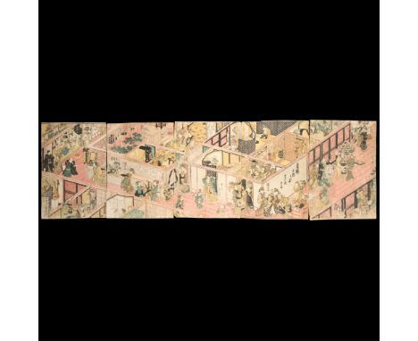 Utagawa Kunisada/Toyokuni III (Japanese, 1786-1865). Complete woodblock print pentaptych titled "Seiro nikai no zu, goban tsu