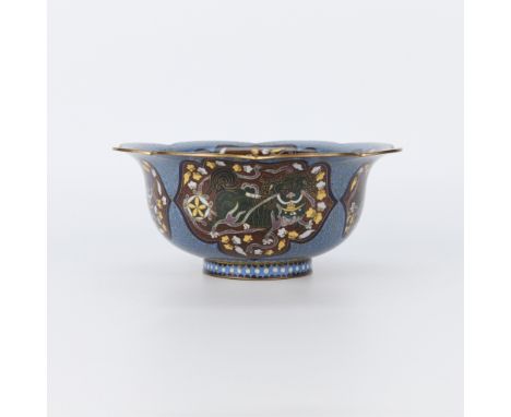 Meiji Japanese scalloped cloisonne bowl depicting dragons and scrollwork motifs, ca. 19th century.Height: 4 1/2 in x diameter