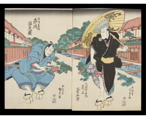 Utagawa Kunisada/Toyokuni III (Japanese, 1786-1865). Woodblock diptych depicting a scene from the kabuki play "Gochumon Shusu