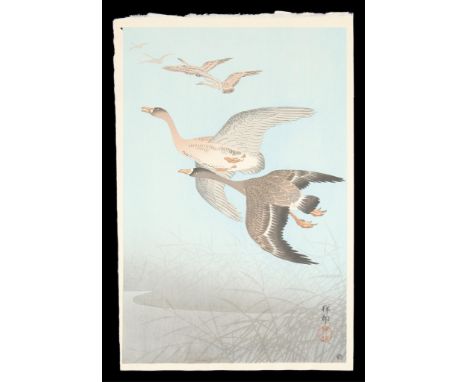 Ohara Koson (Japanese, 1877-1945). Woodblock print on paper depicting a flock of geese in flight. Seals along the lower right