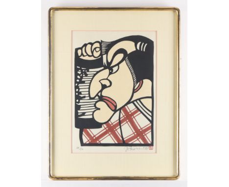 Yoshitoshi Mori (Japanese, 1898-1992). Kappazuri stencil print on paper titled "Why Don't You Wait Here?" depicting a figure'