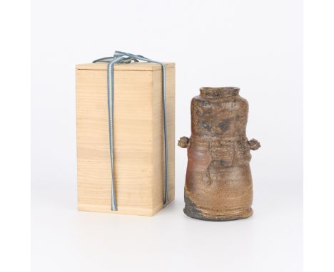 Takahara Takushi (Japanese, b. 1959). Bizen ware or bizen-yaki studio pottery ceramic vase with recessed rim and two applied 