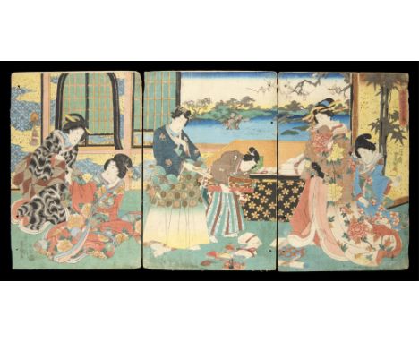 Utagawa Kunisada/Toyokuni III (Japanese, 1786-1865). Woodblock print triptych titled "Shunshoku yakata no kotobuki (New Year 