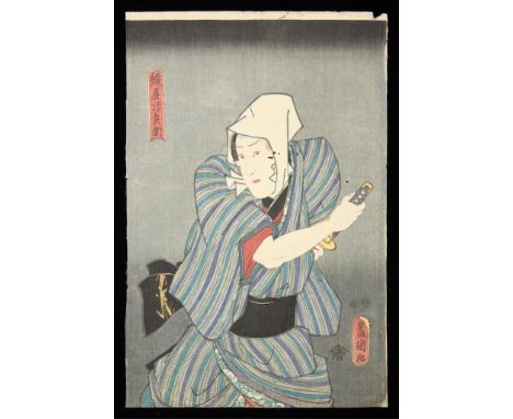 Utagawa Kunisada/Toyokuni III (Japanese, 1786-1865). Woodblock print depicting a portrait of a kabuki actor drawing his sword