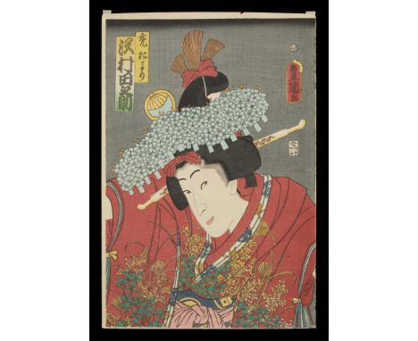 Utagawa Kunisada/Toyokuni III (Japanese, 1786-1865). Woodblock print depicting the actor Sawamura Tanosuke as Kamuro Tayori. 