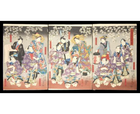 Utagawa Kunisada/Toyokuni III (Japanese, 1786-1865). Woodblock print triptych depicting the play "Koshoku Shimada Monogatari"
