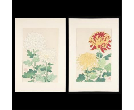 Shodo Kawarazaki (Japanese, 1889-1973). Group of two floral woodblock prints depicting chrysanthemums. With seals in the marg