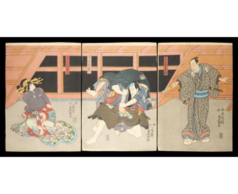 Utagawa Kunisada/Toyokuni III (Japanese, 1786-1865). Woodblock print triptych depicting two figures fighting, possibly actors