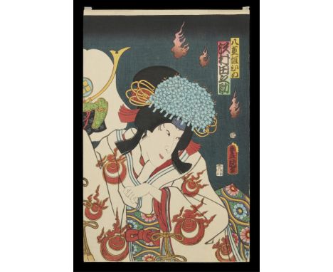 Utagawa Kunisada/Toyokuni III (Japanese, 1786-1865). Woodblock print depicting actor Sawamura Tanosuke III as Yaegaki-hime in