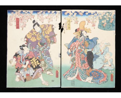 Utagawa Kunisada/Toyokuni III (Japanese, 1786-1865). Diptych print depicting a scene from the kabuki play "Musume Dojoji," 18