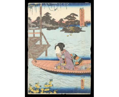 Utagawa Kunisada/Toyokuni III (Japanese, 1786-1865). Print from a triptych titled "Ao arashi wakaba no nagame (A Scene of You