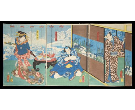 Utagawa Kunisada/Toyokuni III (Japanese, 1786-1865). Woodblock triptych depicting three kabuki actors, ca. 1854.Each, height: