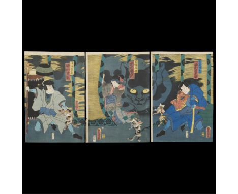 Utagawa Kunisada/Toyokuni III (Japanese, 1786-1865). Woodblock print triptych depicting the monstrous cat monster from the ka