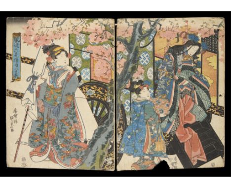 Utagawa Kunisada/Toyokuni III (Japanese, 1786-1865). Two woodblock prints from a triptych titled "Yaezakura (Eight-petalled c