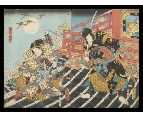Utagawa Kunisada/Toyokuni III (Japanese, 1786-1865). Woodblock diptych depicting two kabuki actors fighting on a roof. The le