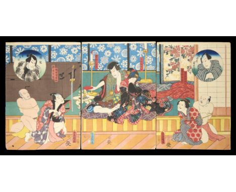 Utagawa Kunisada/Toyokuni III (Japanese, 1786-1865). Woodblock print triptych depicting Kumokiri Nizaemon and his lover holdi