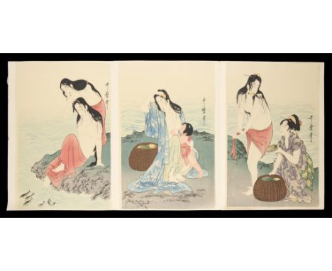 Kitagawa Utamaro (Japanese, ca. 1754-1806). Restrike woodblock print triptych titled "The Abalone Divers," originally printed