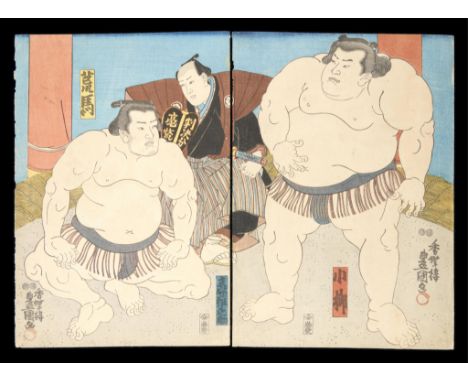 Utagawa Kunisada/Toyokuni III (Japanese, 1786-1865). Woodblock print diptych depicting the sumo wrestlers Koyanagi Tsunekichi