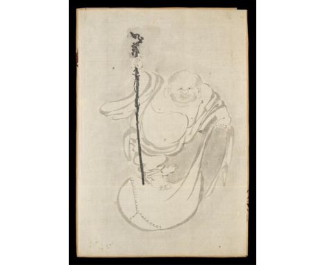 Antique Japanese sumi-e ink painting depicting Hotei (Budai) standing atop his sack with a walking stick. Hotei was an eccent