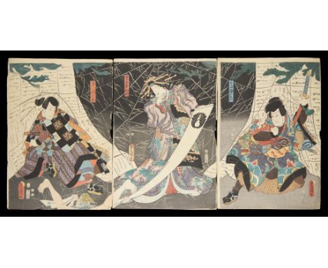 Utagawa Kunisada/Toyokuni III (Japanese, 1786-1865). Woodblock triptych titled "Princess Wakana and Giant Spider Web," 1853. 