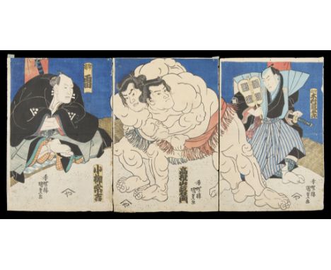 Utagawa Kunisada/Toyokuni III (Japanese, 1786-1865). Woodblock triptych depicting a pair of sumo wrestlers locked together wi