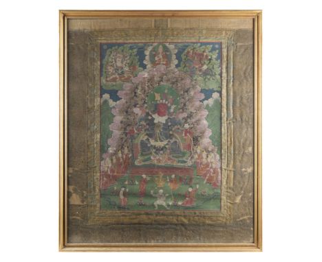 18th century Tibetan Buddhist thangka. Likely depicting a Vajrayana, who is often depicted wearing tiger skin, surrounded by 