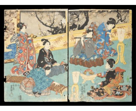 Utagawa Kunisada/Toyokuni III (Japanese, 1786-1865). Woodblock print diptych titled "Haru no yoru no on-asobi (Elegant Amusem
