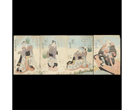Utagawa Kunisada/Toyokuni III (Japanese, 1786-1865). Woodblock print quadriptych depicting four figures, one in a boat. Publi