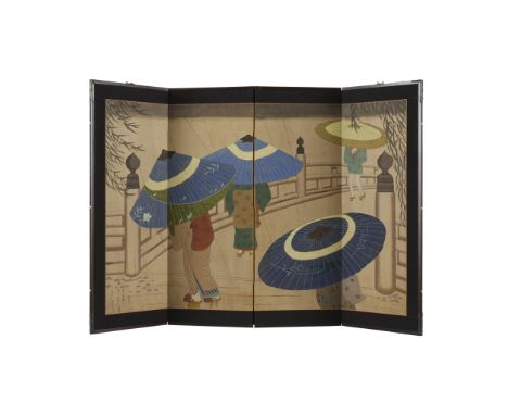 After Lilian May Miller (American, 1895-1943). Japanese four-panel painted low screen. Signed along the lower left of the far