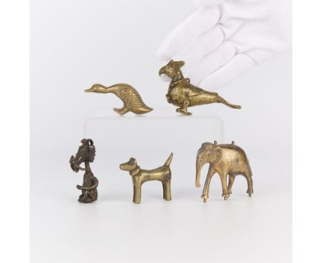 Group of five Asian antique or vintage brass animal figurines with a lovely patina.Height ranges from 1 in to 2 in; width ran