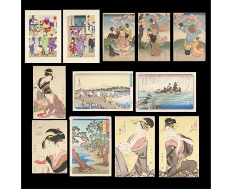 Group of twelve restrikes or early image prints of Japanese woodblock prints including:Toyohara Chikanobu "The Second Month: 