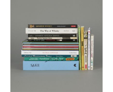 Group of 24 contemporary and vintage books about Japanese liquor and sake, in addition to several volumes on building and woo