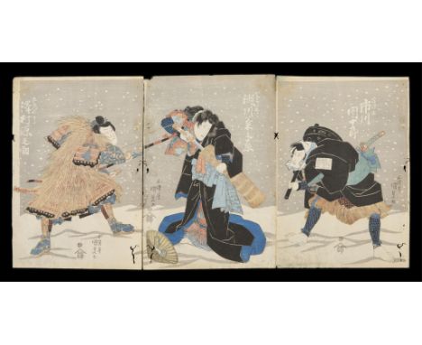 Utagawa Kunisada/Toyokuni III (Japanese, 1786-1865). Woodblock print triptych depicting a kabuki scene of three figures in th