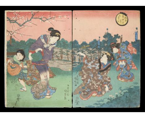 Utagawa Kunisada/Toyokuni III (Japanese, 1786-1865). Two woodblock prints from a triptych depicting beauties gathering herbs,