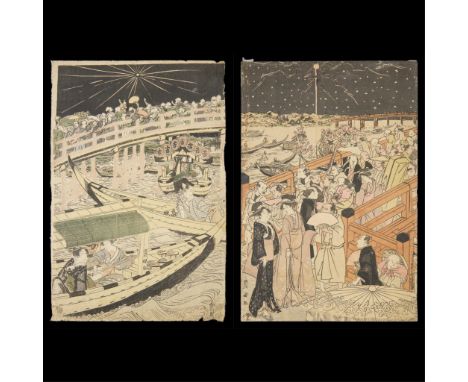 Utagawa Toyokuni I (Japanese, 1769-1825). Two woodblock prints on paper depicting crowds viewing fireworks at the Ryogoku Bri
