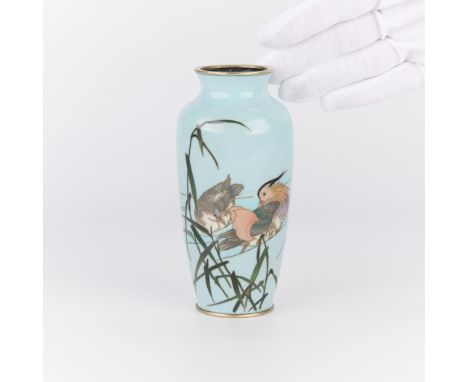 Antique Japanese cloisonne vase of a baluster form depicting enameled birds perched amid foliage against a delicate blue grou