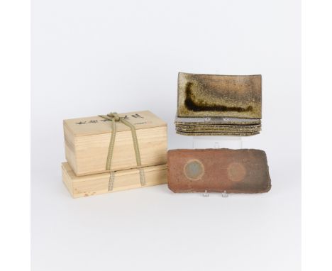 Group of six Japanese studio ceramic pottery sushi slab plates or oblong trays, 20th century. Including one lovely burnished 