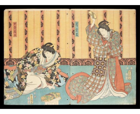 Utagawa Kunisada/Toyokuni III (Japanese, 1786-1865). Woodblock print diptych depicting actors Ichikawa Danjuro VIII and Onoe 