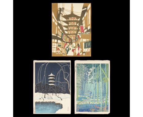 Group of three contemporary Japanese woodblock prints including:Fujishima Takeji (Japanese, 20th c.) Print titled "Bamboo Gro