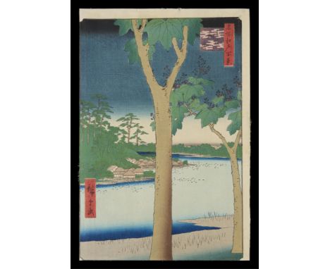 Utagawa Hiroshige (Japanese, 1797-1858). Woodblock print titled "Akasaka, Kiribatake" depicting two paulownia trees. From the