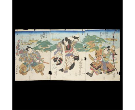 Utagawa Kunisada/Toyokuni III (Japanese, 1786-1865). Woodblock print triptych depicting the kabuki play "Gohiki wo Hikuya Tsu