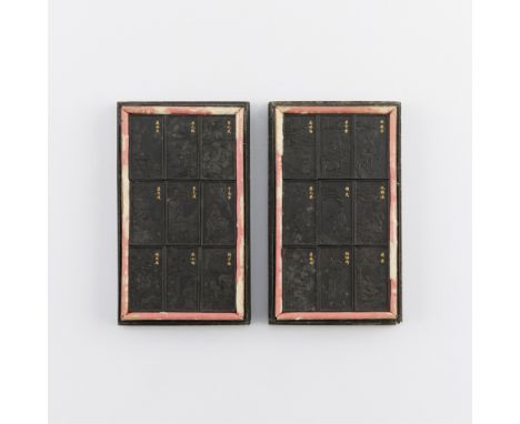 Set of 18 Qing Dynasty Chinese ink sticks with fine details depicting scholars, figures, and nature, 19th century. With gilt 