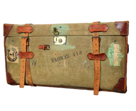 An early 20th century green canvas and leather bound trunk - by Bracher's of Bristol, with interesting United Nations labels 