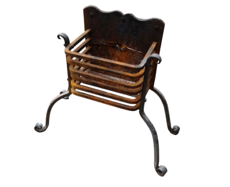 A 19th century iron fire grate - incorporating an ogee shaped back and raised on long legs, width 44cm.